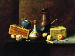 Still Life also known as Copper Tankard, Bos, Apples, Wine Bottles, Ginger Pot, Cigar Box and Peeled Orange