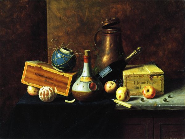 Main Product Photo of Still Life also known as Copper Tankard, Bos, Apples, Wine Bottles, Ginger Pot, Cigar Box and Peeled Orange Painting by William Michael Harnett