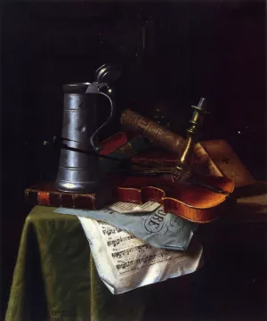 Still Life with a Violin, Pewter Tankard and Sheet Music Oil painting by William Michael Harnett