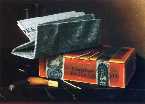 Still Life with Cigar, Pipe, New York Herald and Wine Glass painting by William Michael Harnett