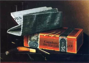Still Life with Cigar, Pipe, New York Herald and Wine Glass Oil painting by William Michael Harnett