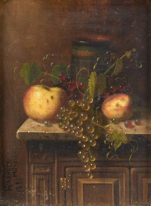 Still Life with Egyptian Vase, Apples and Grapes on a Marble Top Console by William Michael Harnett Oil Painting