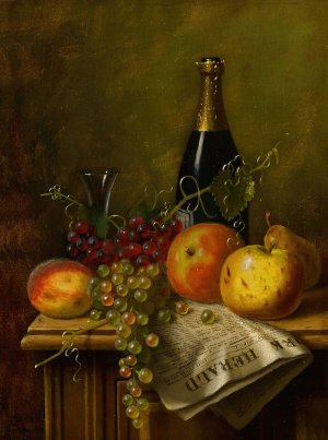 Still Life with Fruit, Champagne Bottle and Newspaper by William Michael Harnett Oil Painting