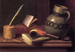 Still Life with Inkwell, Book, Pipe and Stoneware Jug Oil painting by William Michael Harnett