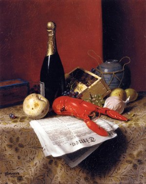 Still Life with Lobster, Fruit, Champagne and Newspaper by William Michael Harnett Oil Painting