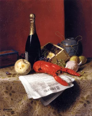 Still Life with Lobster, Fruit, Champagne and Newspaper Oil painting by William Michael Harnett