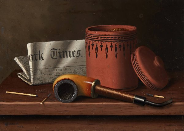 Main Product Photo of Still Life with New York Times, Tobacco Jar, Pipe and Matches  Painting by William Michael Harnett