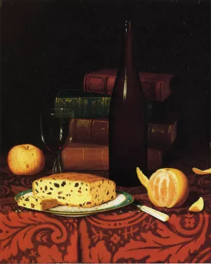 Still Life with Raisin Cake, Fruit and Wine by William Michael Harnett - Oil Painting Reproduction