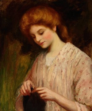 Emma Eburne Knitting a Sweater by William Oliver Oil Painting