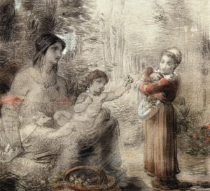 Peasant Girl Offering Flowers to a Woman and Child