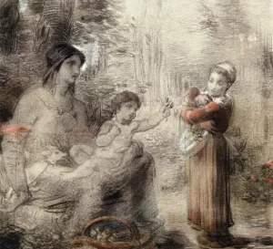 Peasant Girl Offering Flowers to a Woman and Child Oil painting by William P Babcock