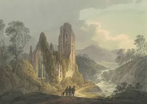 A Ruined Abbey by a Waterfall by William Payne Oil Painting