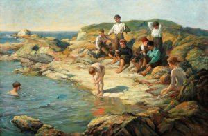 Boys swimming at a rocky coast by William Pratt Oil Painting