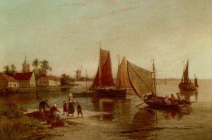 Dutch Fisherfolk Sorting The Catch by William Raymond Dommersen Oil Painting
