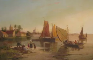 Shore View with Figures by Boats by William Raymond Dommersen - Oil Painting Reproduction