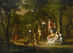 Portrait Of A Family In A Woodland Landscape, With Gypsies And Dancing Dogs by William Redmore Bigg Oil Painting
