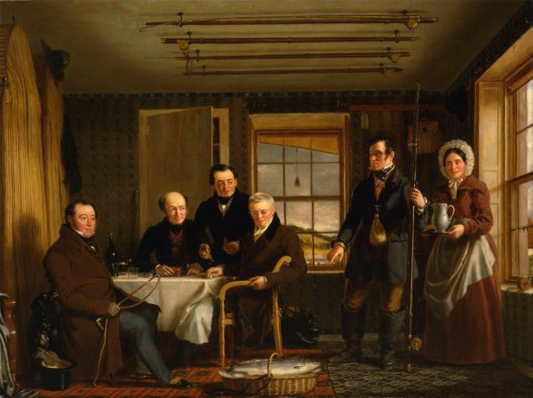 Discussing a Catch of Salmon in a Scottish Fishing-Lodge by William Shiels - Hand-Painted Oil Painting Reproduction