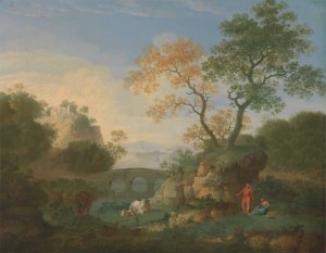 A Landscape with Distant Classical Ruins, a Bridge, Figures, and Cattle by William Smith Oil Painting