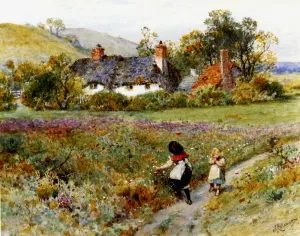 Children Playing On A Path, Cottages Beyond by William Stephen Coleman Oil Painting
