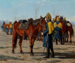 U.S. Calvary Preparing to Ride by William Thomas Trego Oil Painting