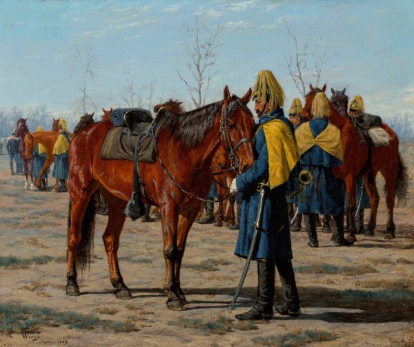 Main Product Photo of U.S. Calvary Preparing to Ride  Painting by William Thomas Trego