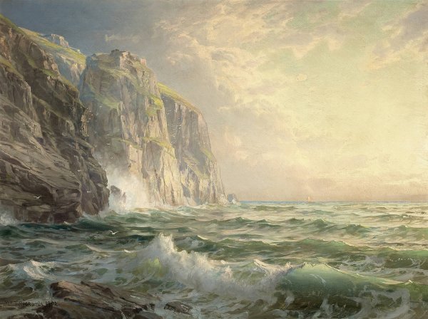 Main Product Photo of Rocky Cliff with Stormy Sea, Cornwall  Painting by William Trost Richards
