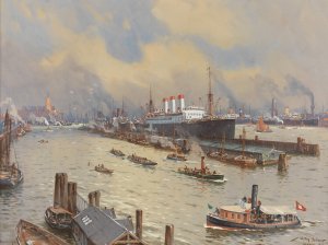 Hamburger Hafen mit der 'Cap Polonio'und der Kehrwiederspitze by Willy Stower Oil Painting