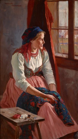 Girl at the Window by Wincenty Wodzinowski Oil Painting