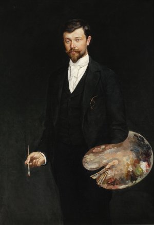 Self-portrait with palette by Wincenty Wodzinowski Oil Painting