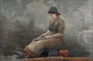 A Fishergirl Baiting Lines by Winslow Homer Oil Painting