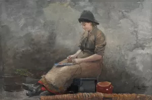 A Fishergirl Baiting Lines by Winslow Homer Oil Painting