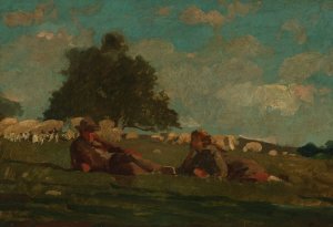 Boy and Girl in a Field with Sheep by Winslow Homer Oil Painting