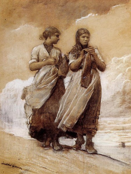 Fishergirls on Shore, Tynemouth by Winslow Homer - Hand-Painted Oil Painting Reproduction