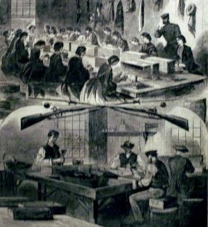 Harper's Weekly.Filling Cartridges at the US Arsenal at Watertown Mass