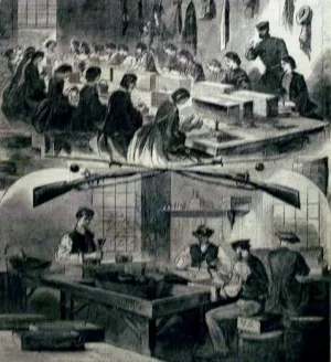 Harper's Weekly.Filling Cartridges at the US Arsenal at Watertown Mass painting by Winslow Homer