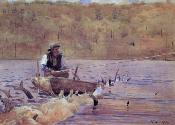Man in a Punt, Fishing by Winslow Homer - Hand-Painted Oil Painting Reproduction