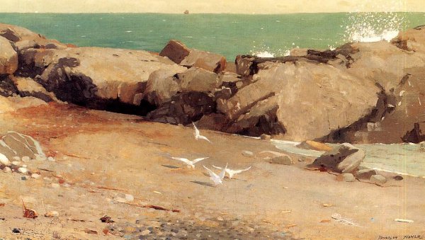 Rocky Coast and Gulls by Winslow Homer - Hand-Painted Oil Painting Reproduction