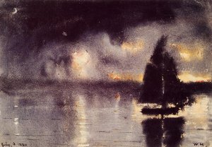 Sailboat and Fourth of July Fireworks Oil painting by Winslow Homer
