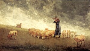 Shepherdess Tending Sheep by Winslow Homer Oil Painting