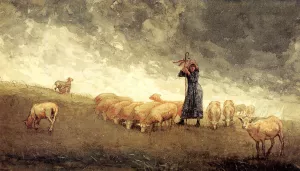 Shepherdess Tending Sheep by Winslow Homer Oil Painting