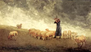 Shepherdess Tending Sheep Oil painting by Winslow Homer