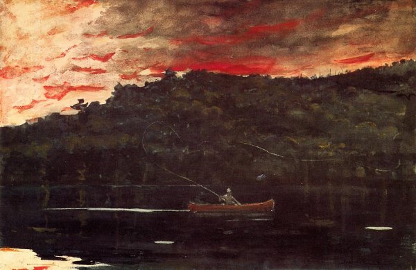 Main Product Photo of Sunrise, Fishing in the Adirondacks Painting by Winslow Homer