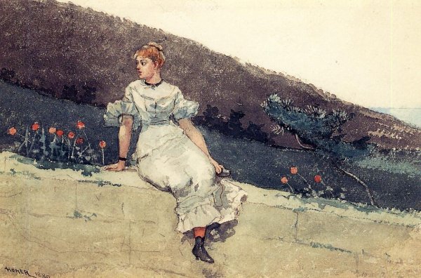 The Garden Wall also known as Girl on a Garden Wall by Winslow Homer - Hand-Painted Oil Painting Reproduction