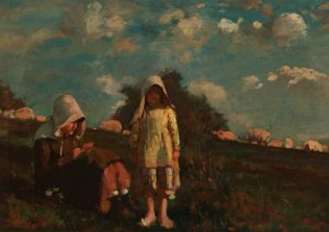 Two Girls with Sunbonnets In a Field by Winslow Homer Oil Painting
