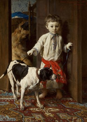 Artist's son with a dog by Witold Pruszkowski Oil Painting