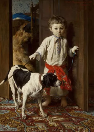 Artist's son with a dog by Witold Pruszkowski Oil Painting
