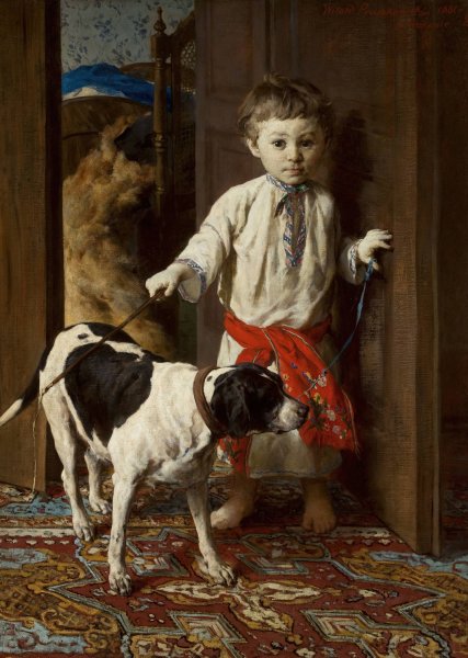 Artist's son with a dog  by Witold Pruszkowski - Hand-Painted Oil Painting Reproduction