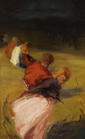 Children surprised by a storm - Procession of children by Witold Wojtkiewicz Oil Painting