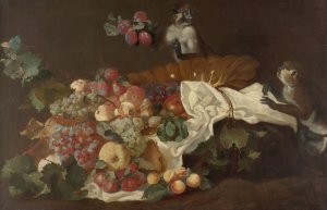 Fruits And Monkeys by Wladimir Swertschkoff Oil Painting