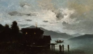 Mountain lake at night by Wladyslaw Aleksander Malecki Oil Painting
